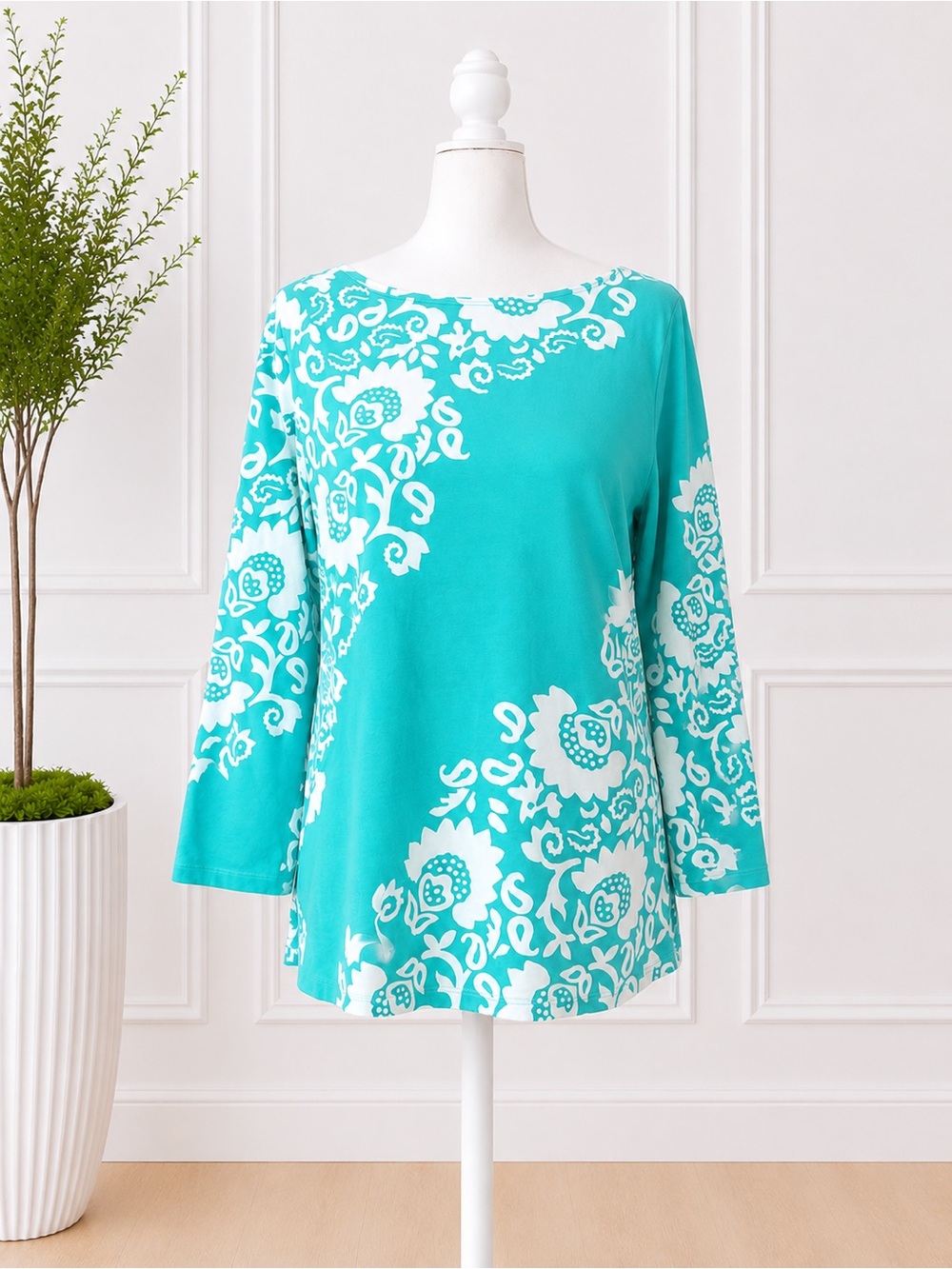 Talbots Tee XL Aqua White Floral Print Boat Neck 3/4 Sleeve Stretch Top